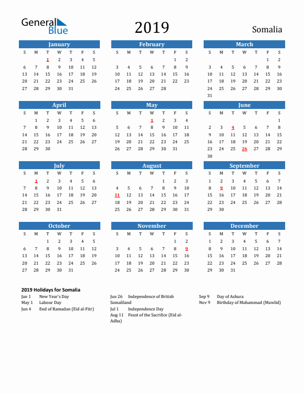Somalia 2019 Calendar with Holidays