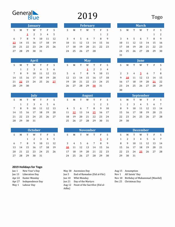 Togo 2019 Calendar with Holidays