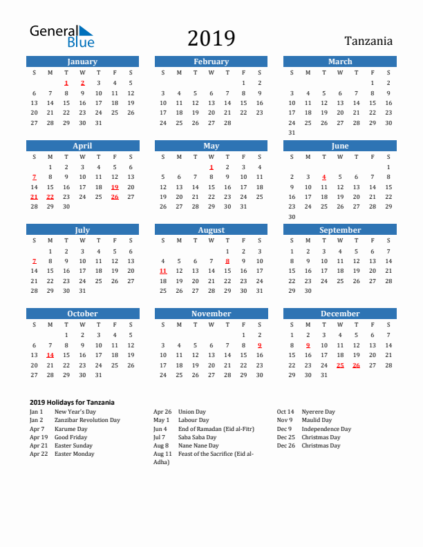 Tanzania 2019 Calendar with Holidays
