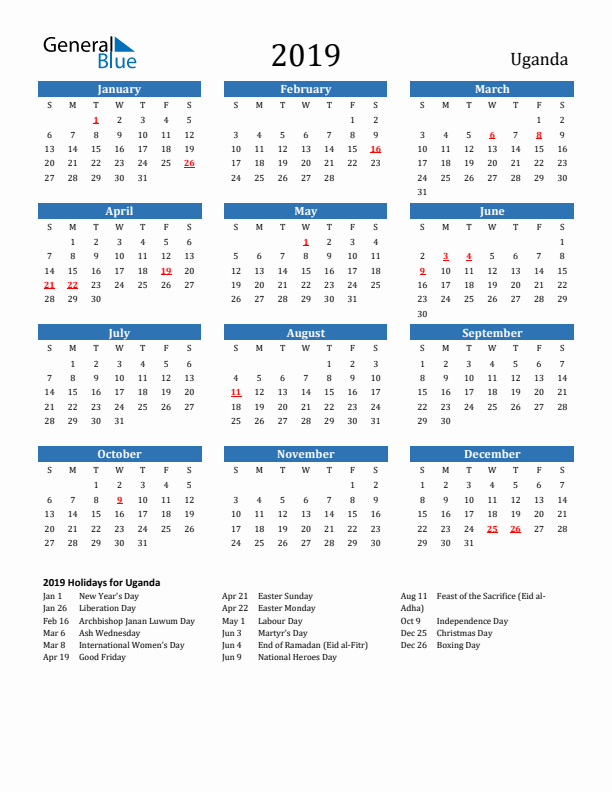 Uganda 2019 Calendar with Holidays