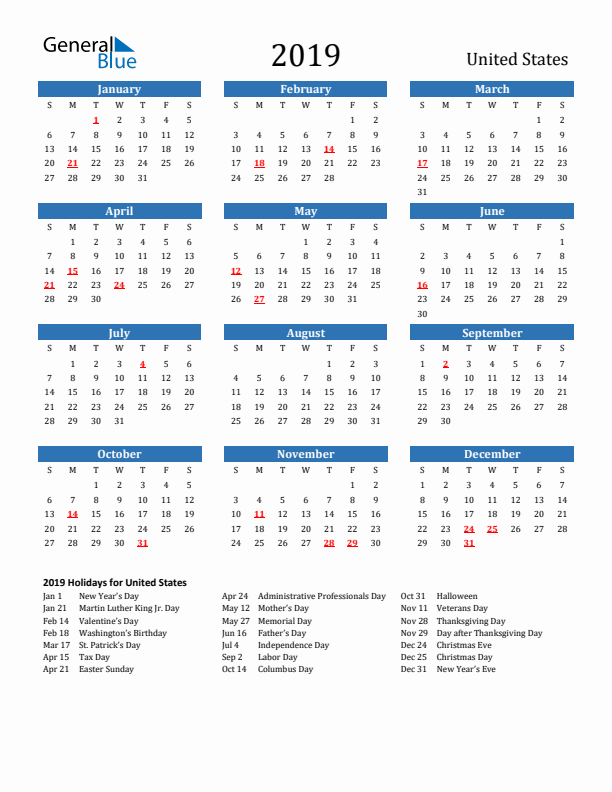 United States 2019 Calendar with Holidays