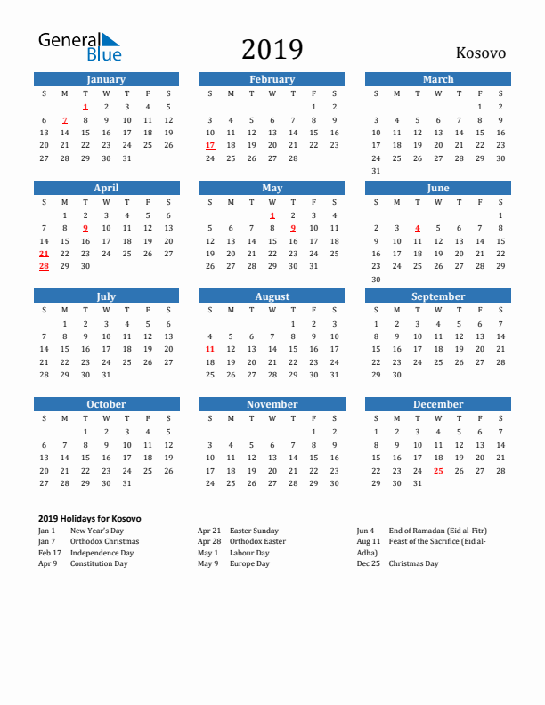 Kosovo 2019 Calendar with Holidays