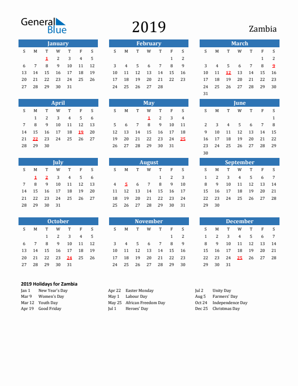 Zambia 2019 Calendar with Holidays