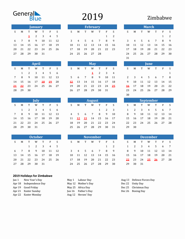 Zimbabwe 2019 Calendar with Holidays