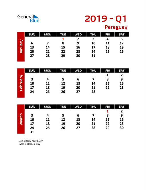  Q1 2019 Calendar with Holidays
