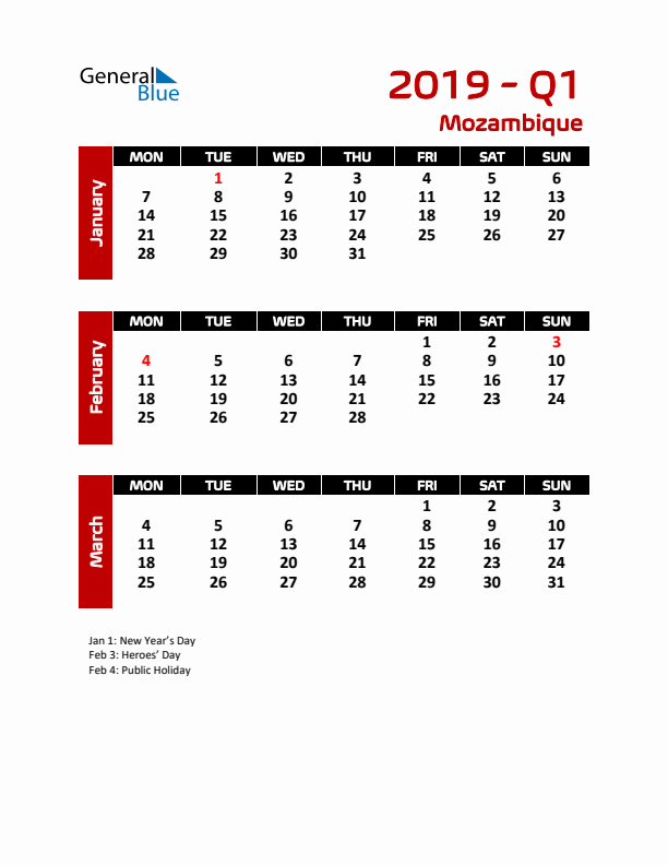 Q1 2019 Calendar with Holidays