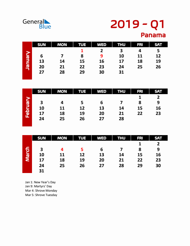 Q1 2019 Calendar with Holidays
