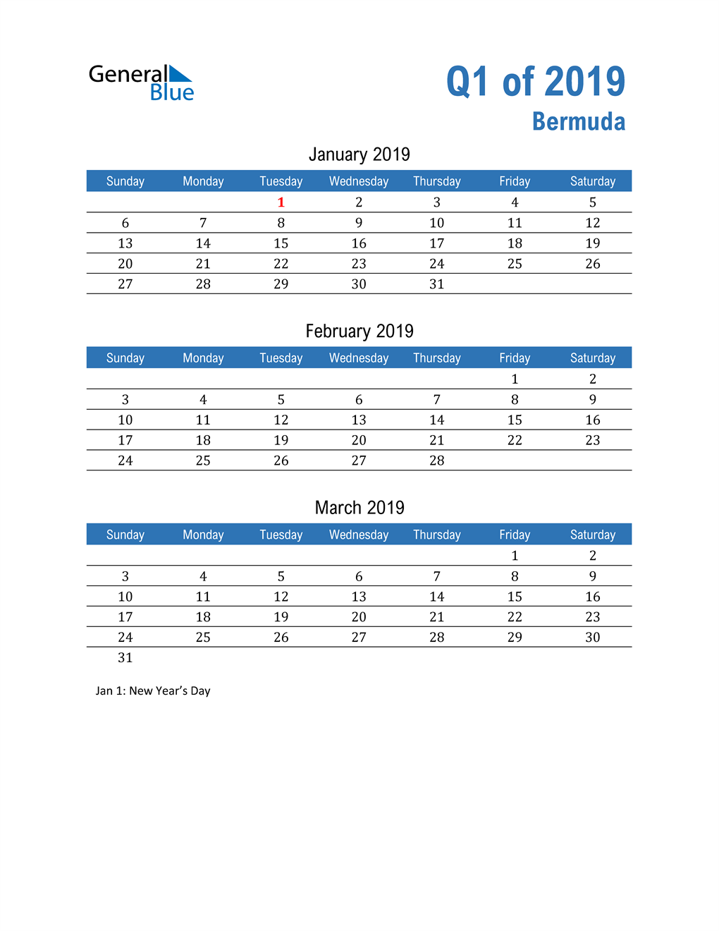  Bermuda 2019 Quarterly Calendar 