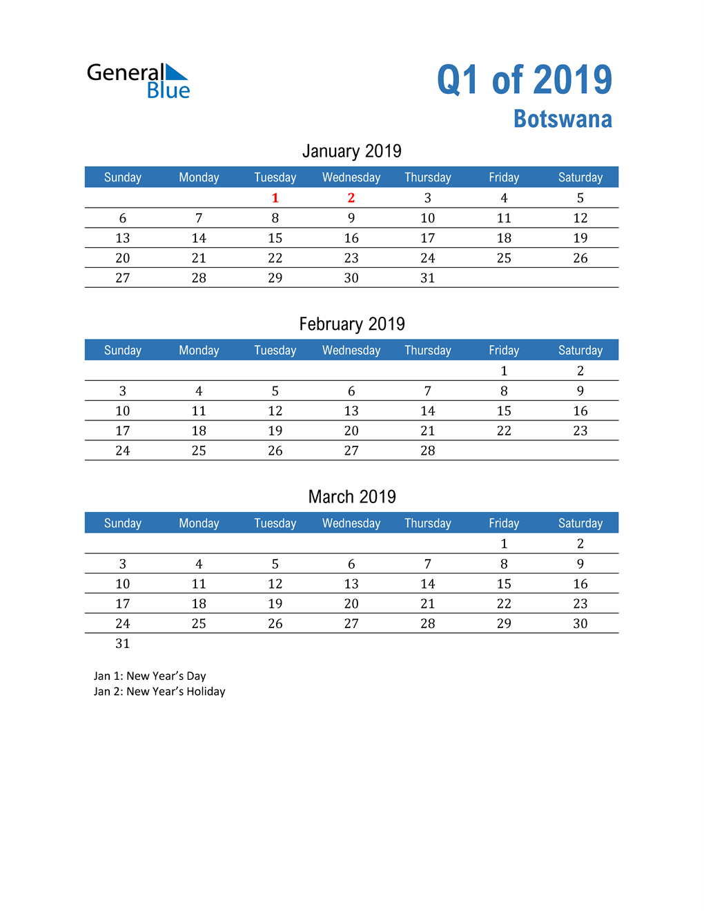  Botswana 2019 Quarterly Calendar 