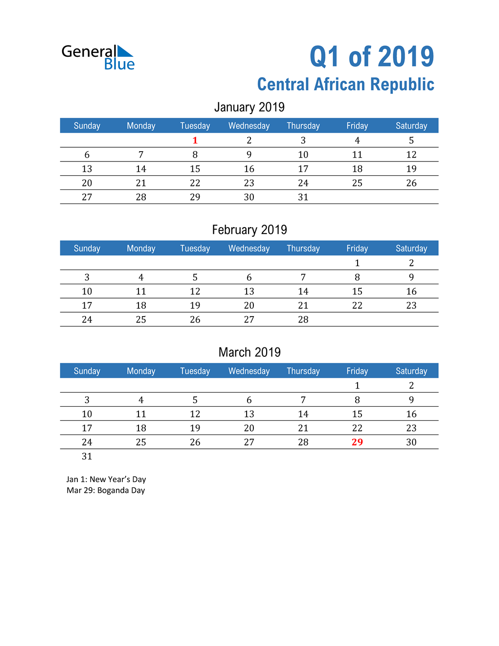  Central African Republic 2019 Quarterly Calendar 