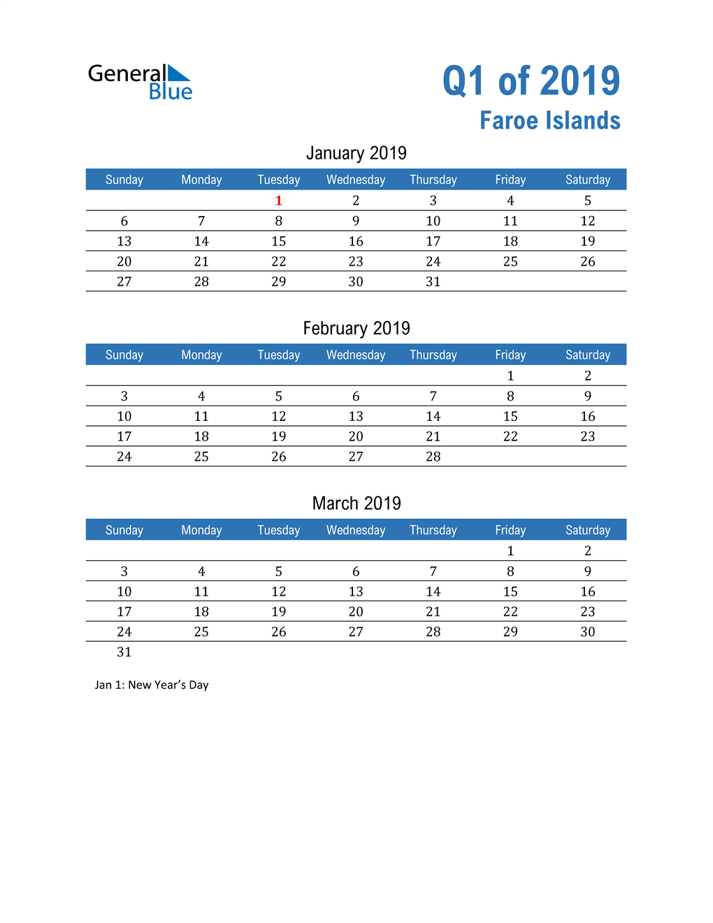  Faroe Islands 2019 Quarterly Calendar 