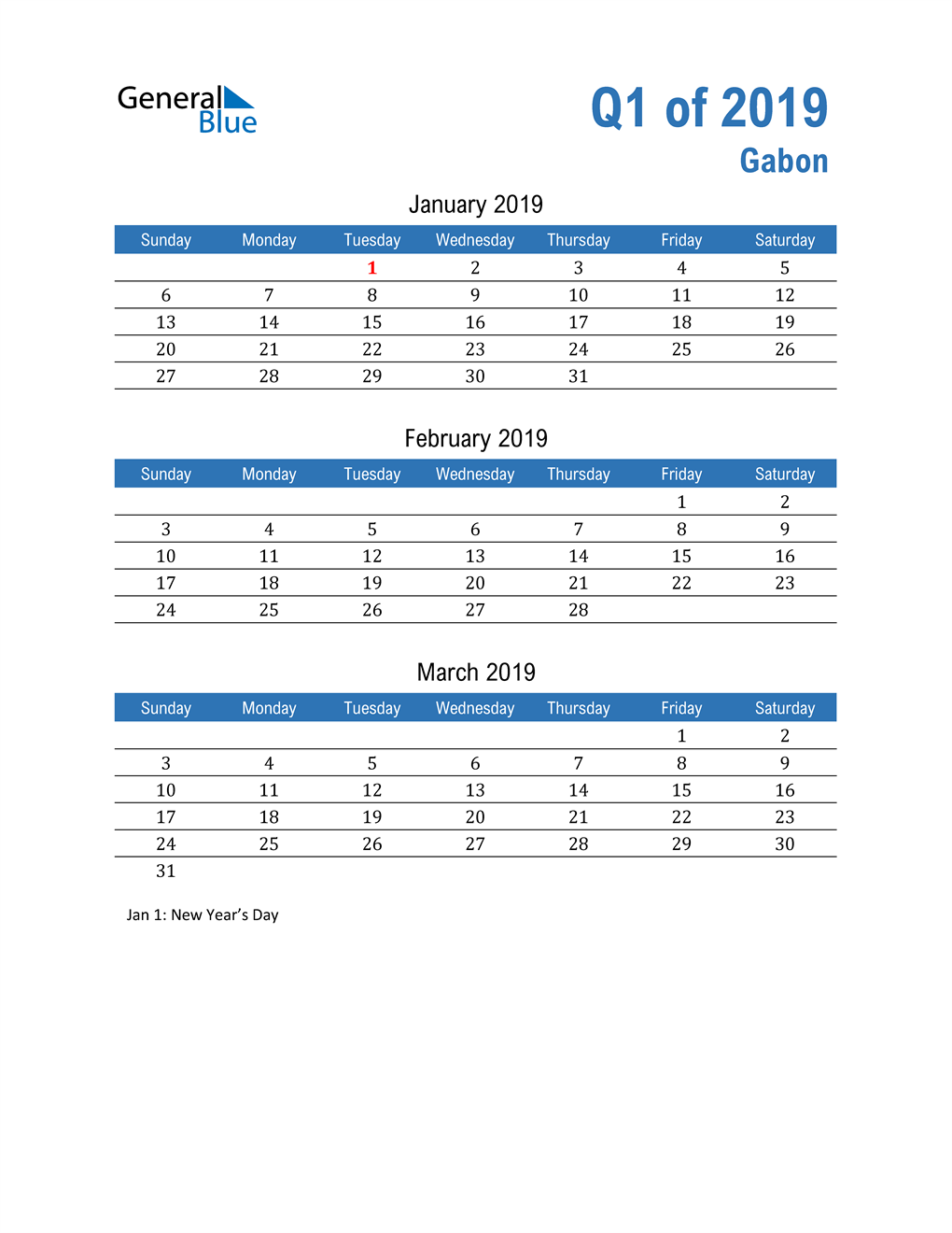  Gabon 2019 Quarterly Calendar 