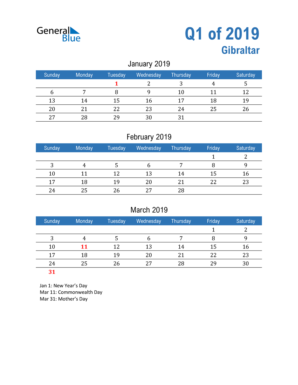  Gibraltar 2019 Quarterly Calendar 