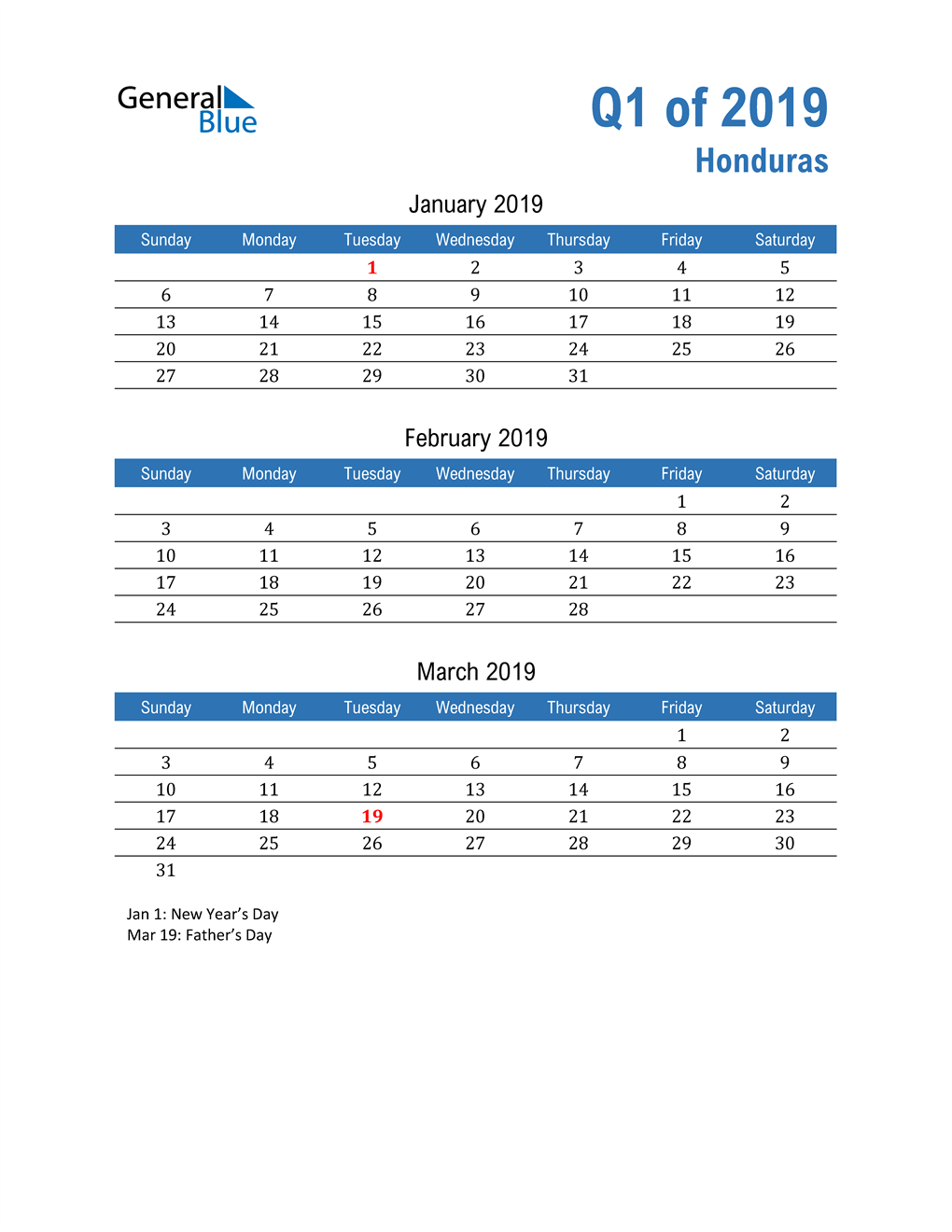  Honduras 2019 Quarterly Calendar 