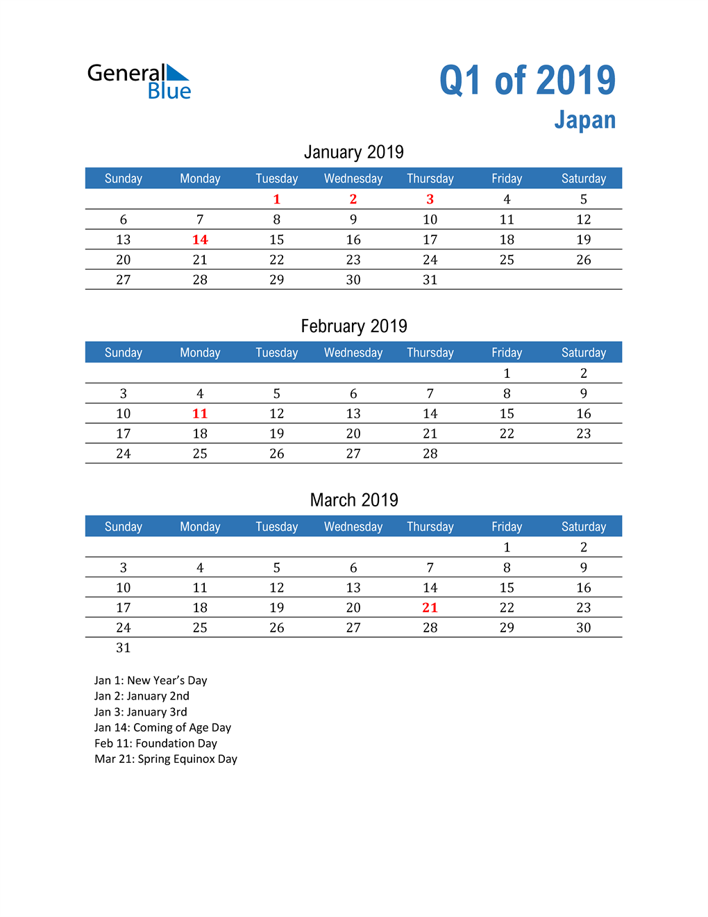  Japan 2019 Quarterly Calendar 