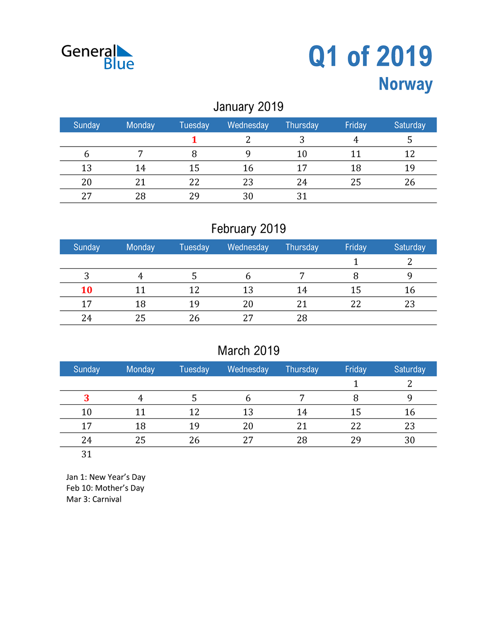  Norway 2019 Quarterly Calendar 