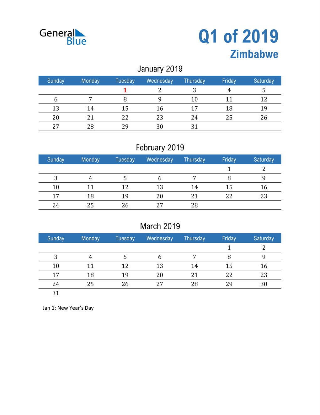  Zimbabwe 2019 Quarterly Calendar 