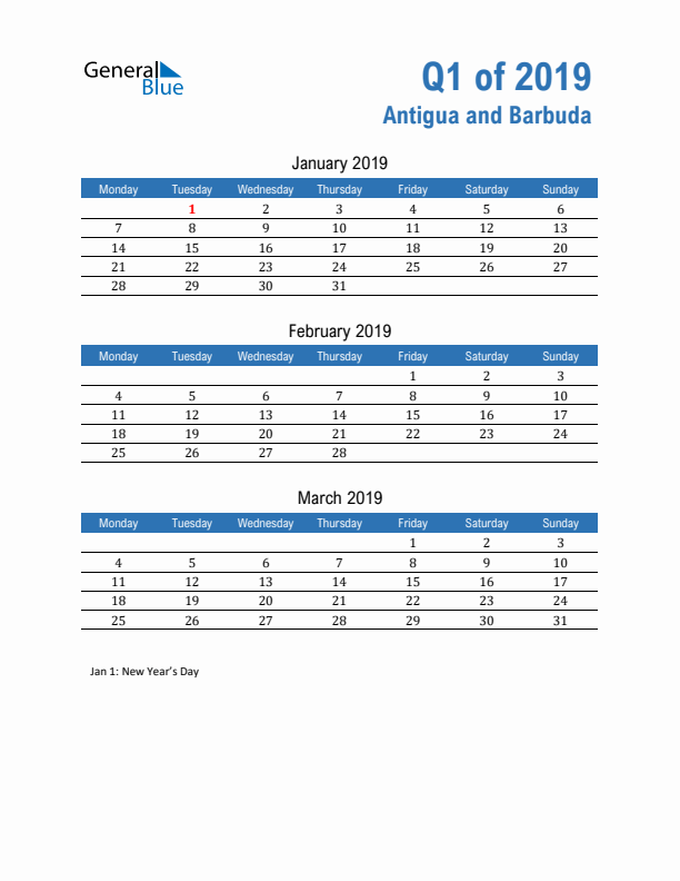 Antigua and Barbuda 2019 Quarterly Calendar with Monday Start