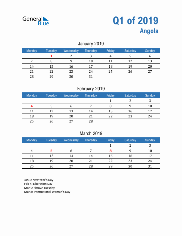Angola 2019 Quarterly Calendar with Monday Start