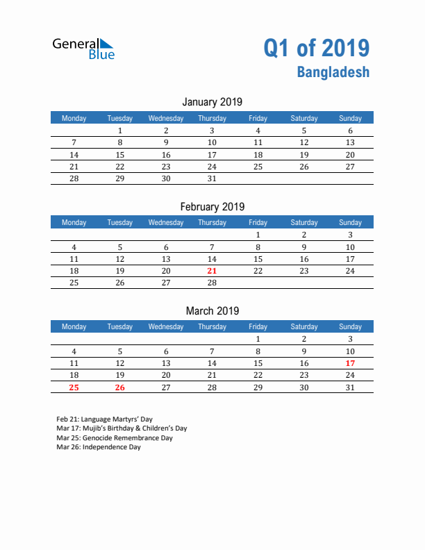 Bangladesh 2019 Quarterly Calendar with Monday Start