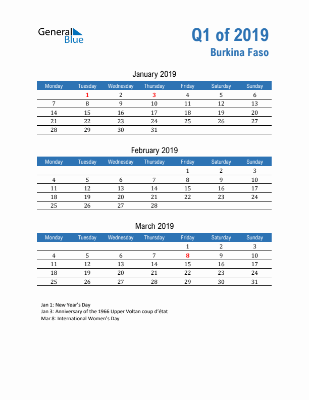 Burkina Faso 2019 Quarterly Calendar with Monday Start