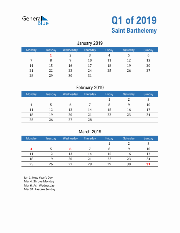 Saint Barthelemy 2019 Quarterly Calendar with Monday Start