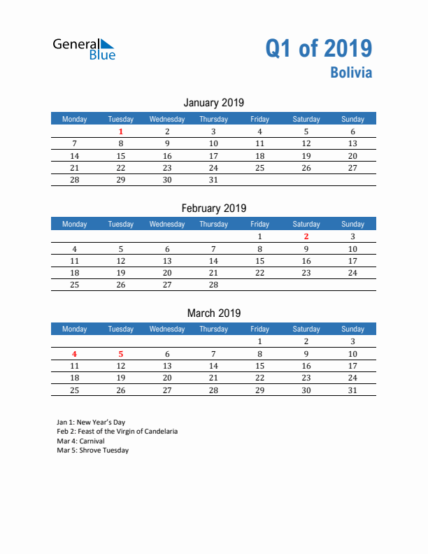 Bolivia 2019 Quarterly Calendar with Monday Start