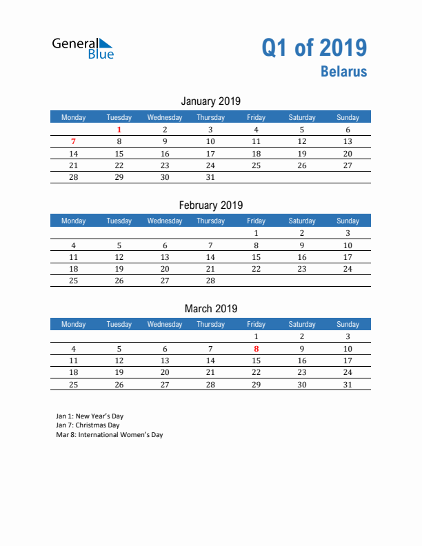 Belarus 2019 Quarterly Calendar with Monday Start