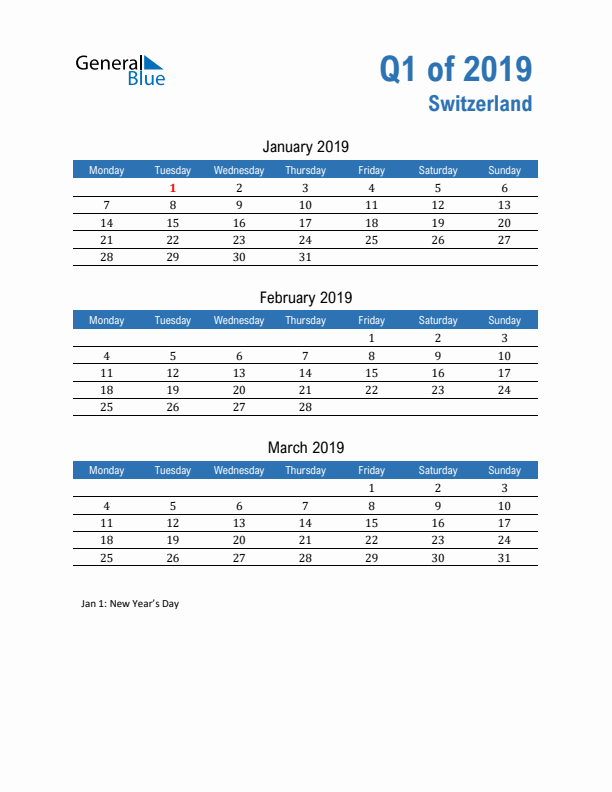 Switzerland 2019 Quarterly Calendar with Monday Start