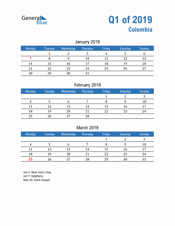 Colombia 2019 Quarterly Calendar with Monday Start