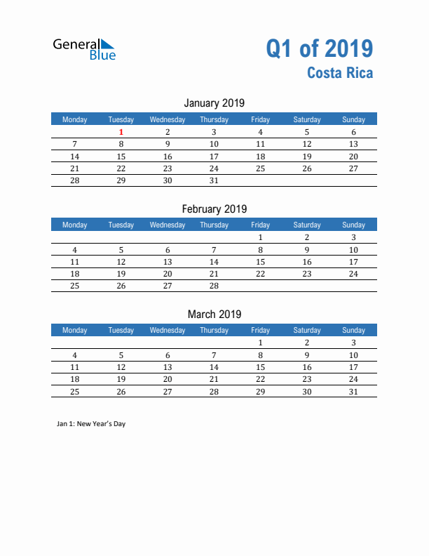 Costa Rica 2019 Quarterly Calendar with Monday Start