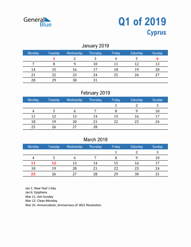 Cyprus 2019 Quarterly Calendar with Monday Start