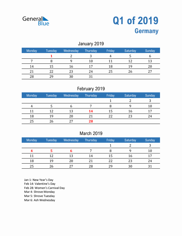 Germany 2019 Quarterly Calendar with Monday Start
