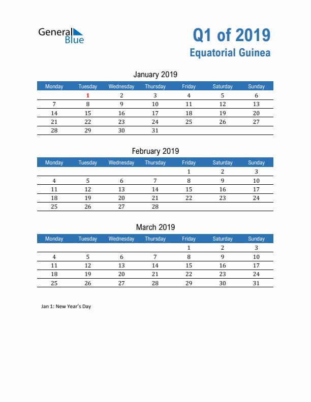 Equatorial Guinea 2019 Quarterly Calendar with Monday Start