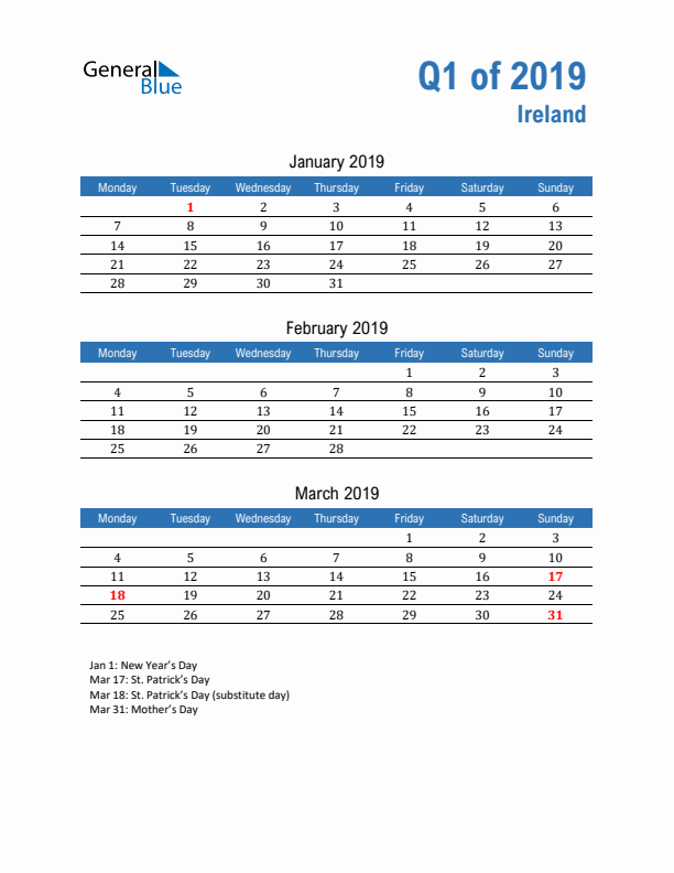 Ireland 2019 Quarterly Calendar with Monday Start