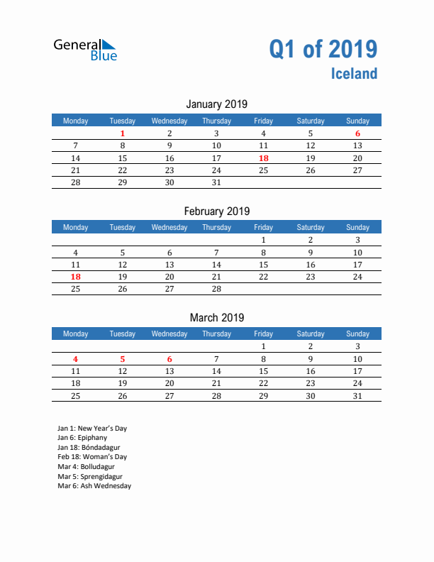 Iceland 2019 Quarterly Calendar with Monday Start