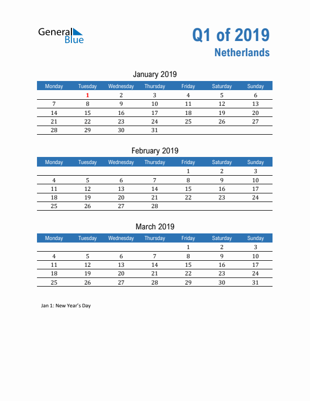 The Netherlands 2019 Quarterly Calendar with Monday Start