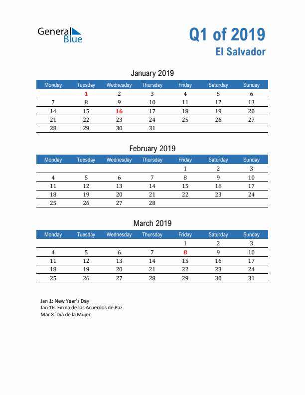El Salvador 2019 Quarterly Calendar with Monday Start