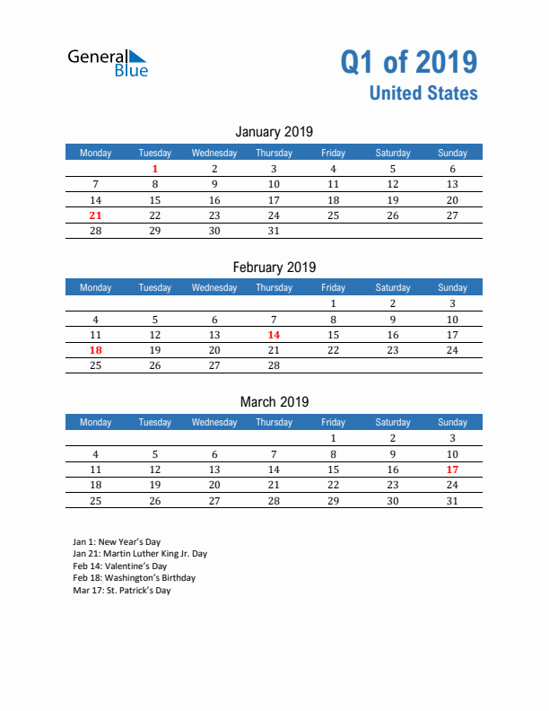 United States 2019 Quarterly Calendar with Monday Start