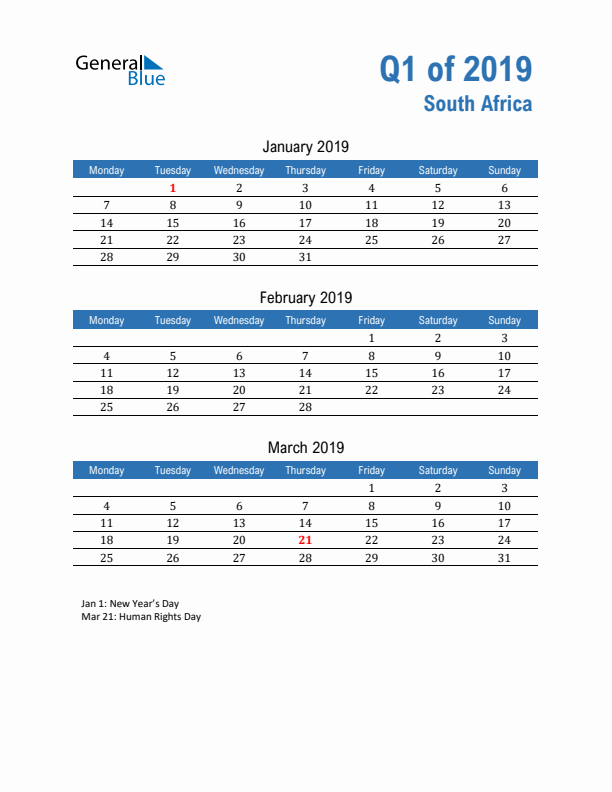 South Africa 2019 Quarterly Calendar with Monday Start