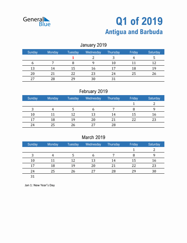 Antigua and Barbuda 2019 Quarterly Calendar with Sunday Start