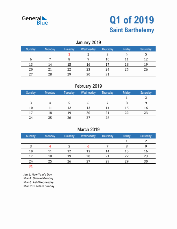 Saint Barthelemy 2019 Quarterly Calendar with Sunday Start
