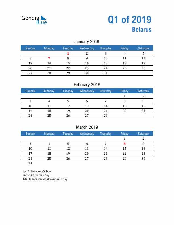 Belarus 2019 Quarterly Calendar with Sunday Start