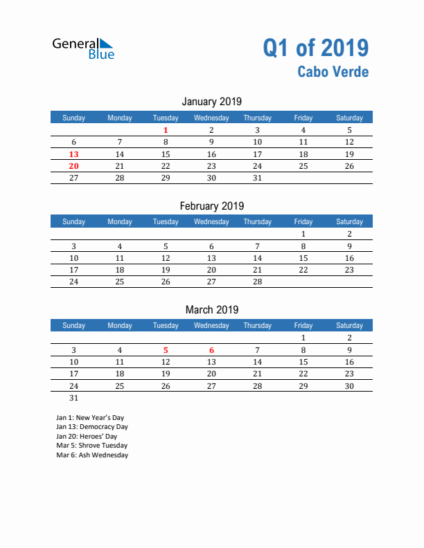 Cabo Verde 2019 Quarterly Calendar with Sunday Start