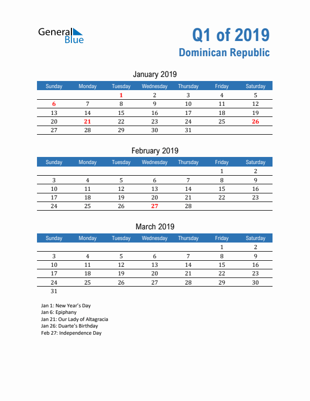 Dominican Republic 2019 Quarterly Calendar with Sunday Start