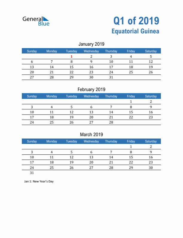 Equatorial Guinea 2019 Quarterly Calendar with Sunday Start