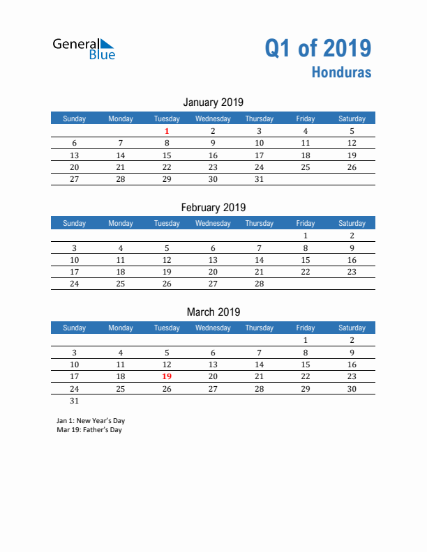 Honduras 2019 Quarterly Calendar with Sunday Start