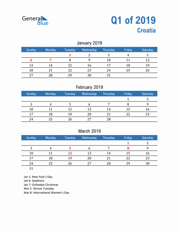 Croatia 2019 Quarterly Calendar with Sunday Start