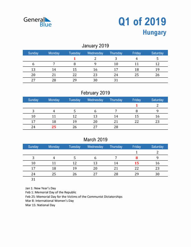 Hungary 2019 Quarterly Calendar with Sunday Start