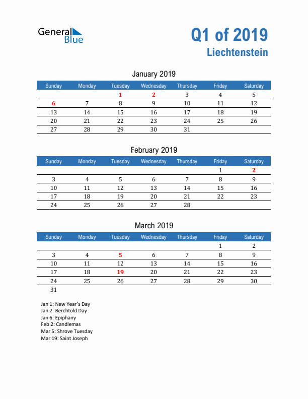 Liechtenstein 2019 Quarterly Calendar with Sunday Start